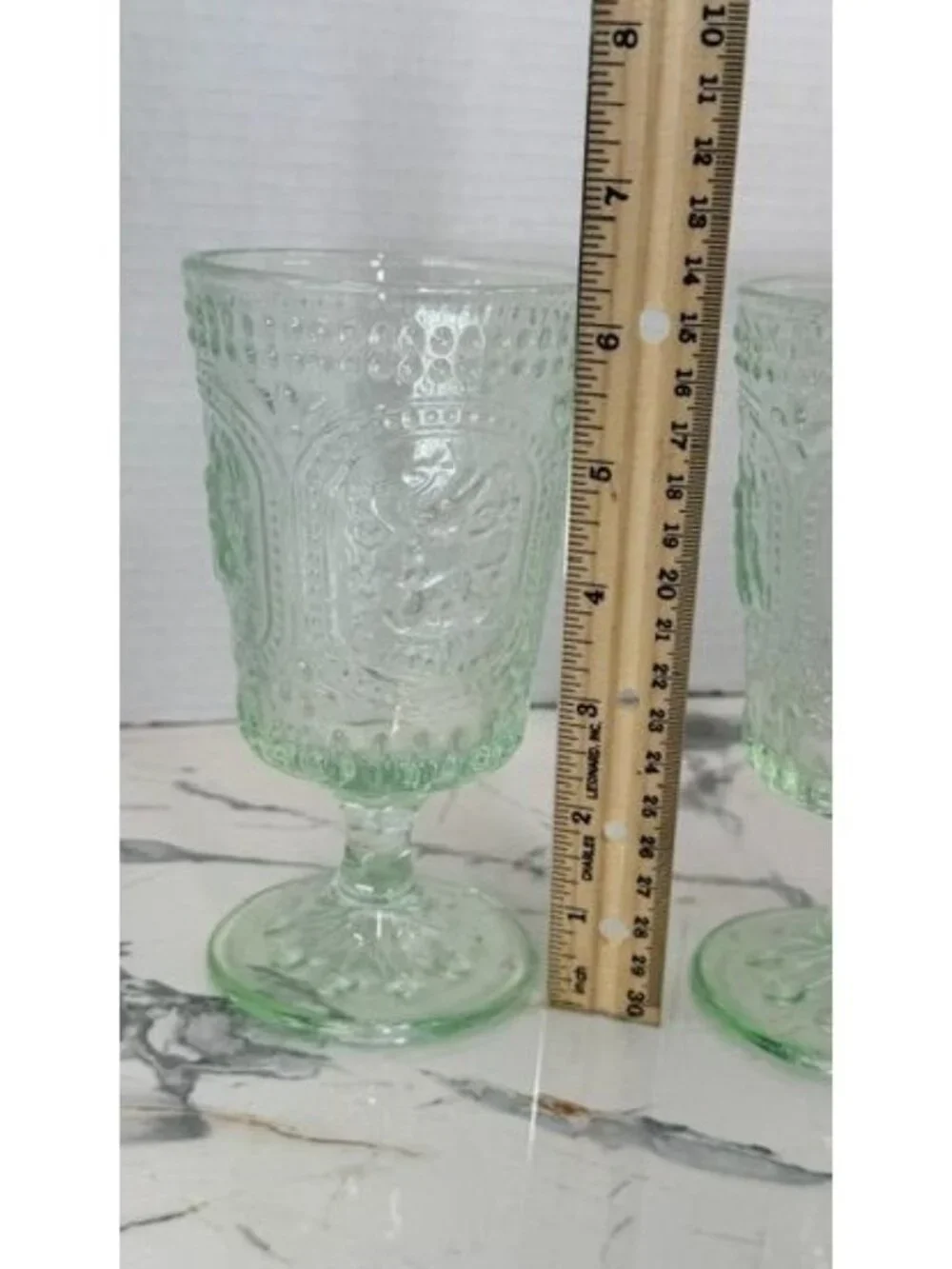 Pair of mint green glass springtime goblets, Easter, rabbits, farmhouse